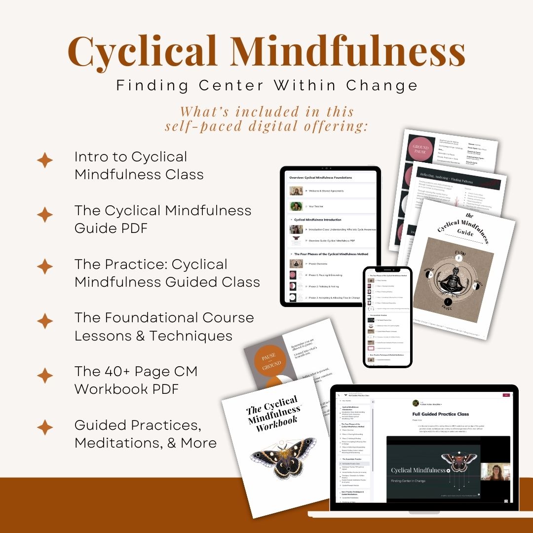 Components of Cyclical Mindfulness, including PDF, class, lessons, techniques, workbook, guided practices