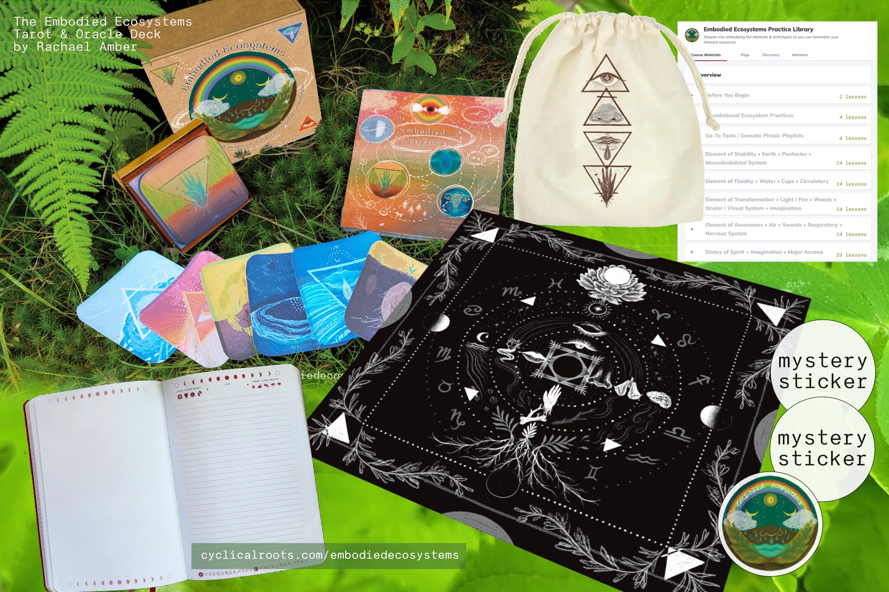 Embodied Ecosystems Tarot Oracle Deck tarot spread cloth, mystery sticker, journal, practice library, and cards