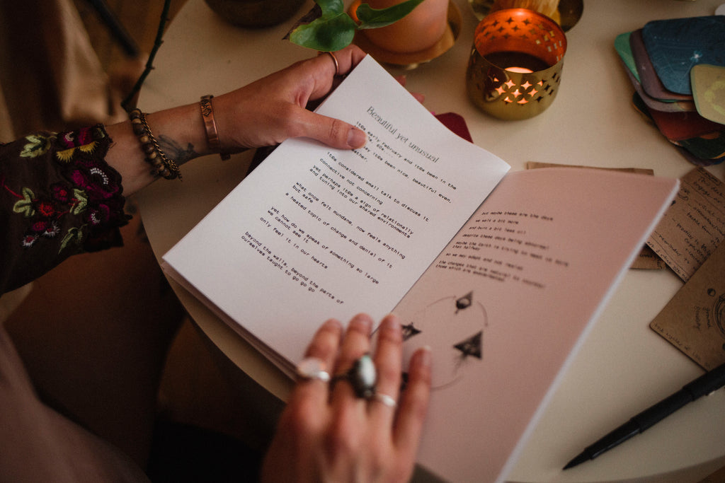 Inside of lunar cycle poetry book "written on the trees that teach me, forgive me..." by Rachael Amber