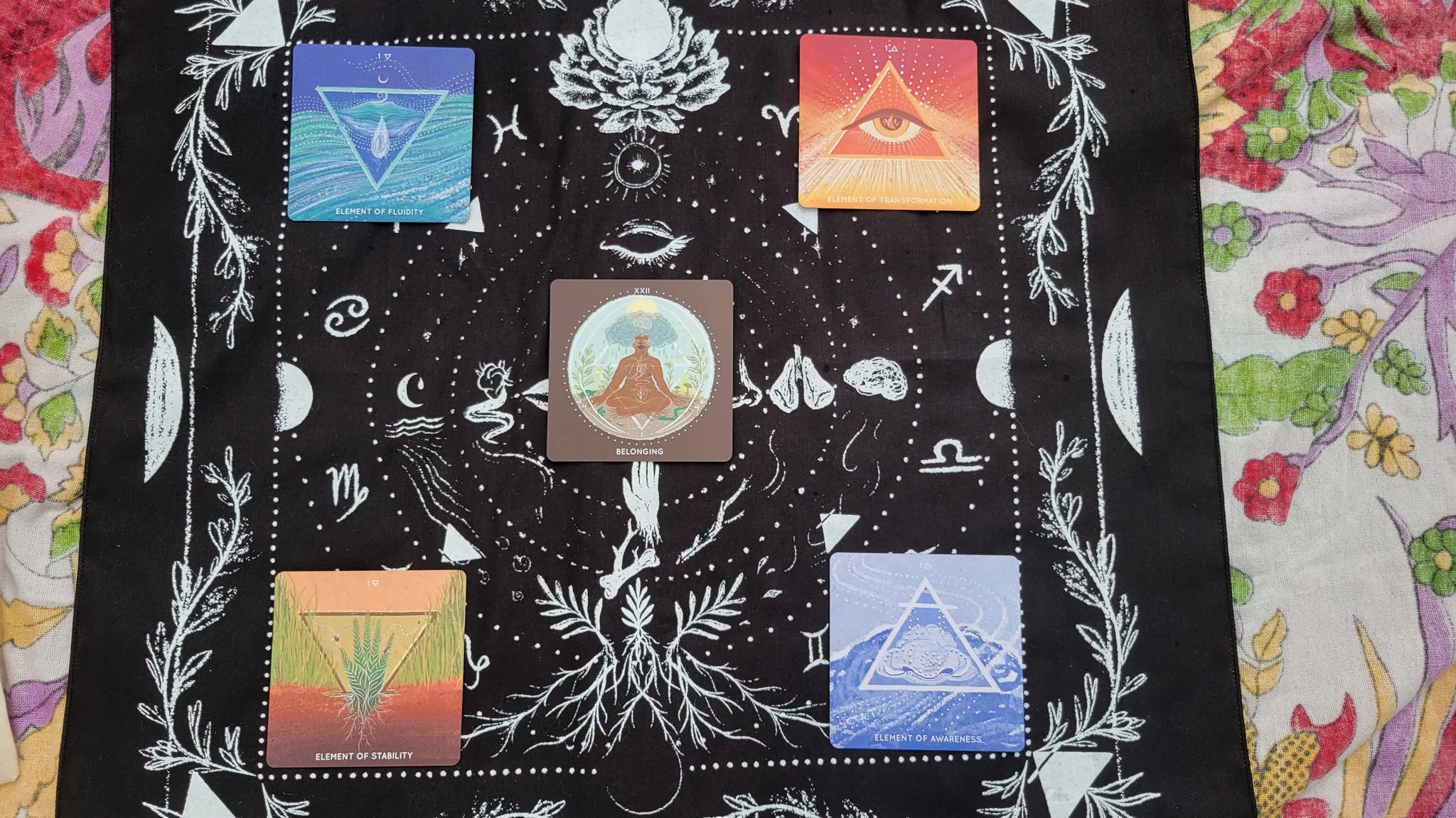 Elemental Astro-Tarot Reading Cloth / Pendulum Divination Design / Altar Covering / Bandana - Embodied Ecosystems